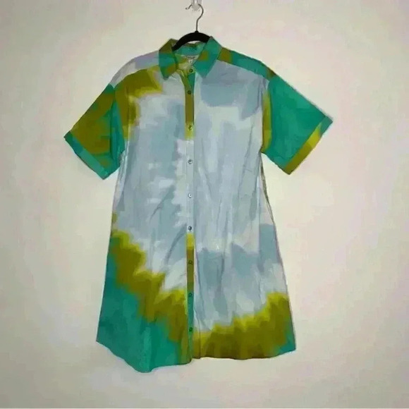 Tucker NYC safari shirtdress-seafoam chartreuse tie dye Oxford cotton sz m 8/10 - Picture 3 of 10